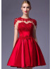 Short Sleeves Beaded Red Lace Satin Vintage Evening Dress